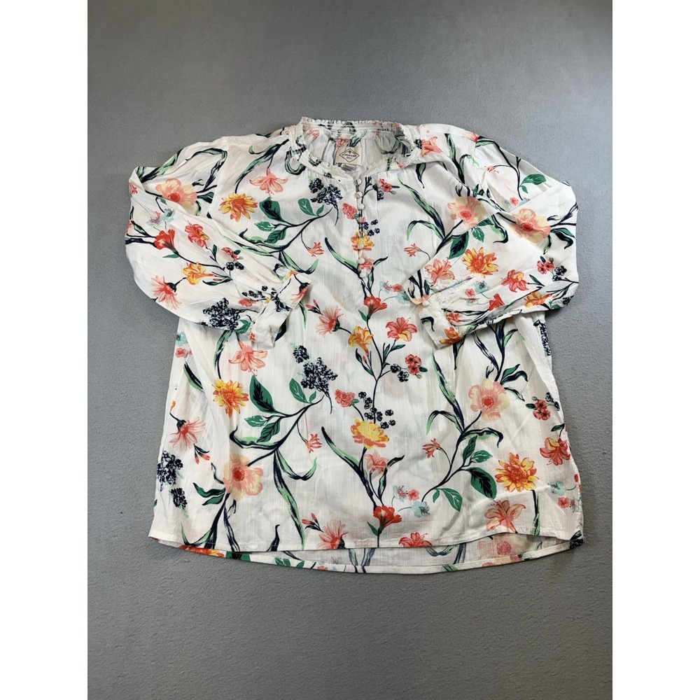 St.‎ John's Bay Womens Medium Floral Peasant Blouse White 3/4 Sleeve Boho Top